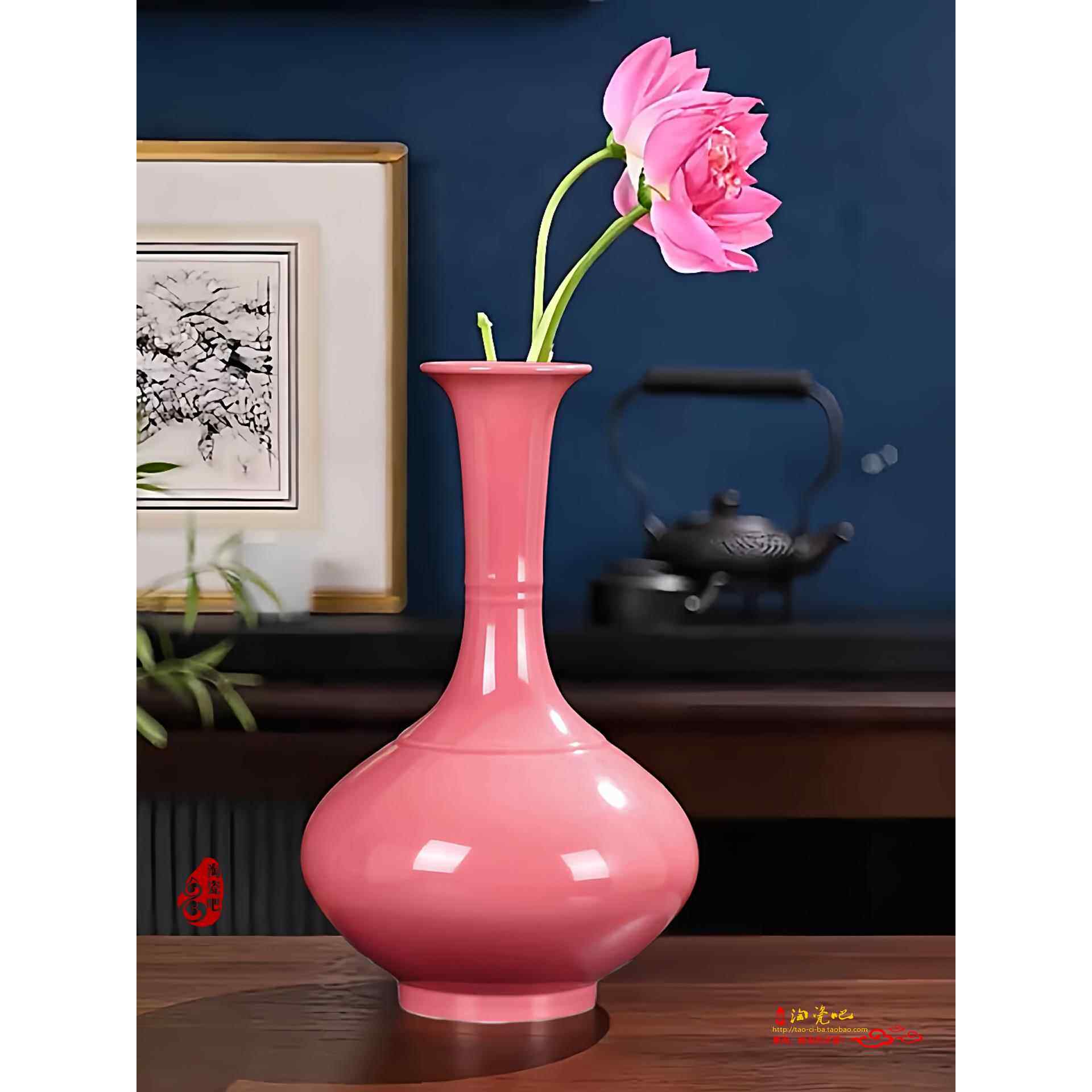 景德镇颜色釉陶瓷粉红色花瓶高颈瓶新中式摆件客厅桌面插花器花瓶