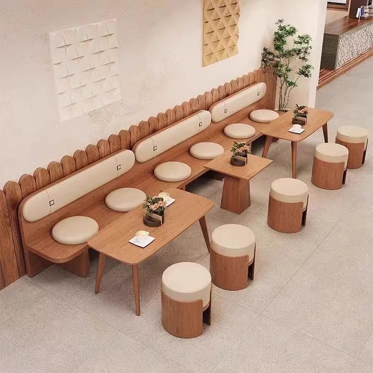 网红桌椅原木色茶几长条沙发凳咖啡厅奶茶店蛋糕休息区卡座沙发