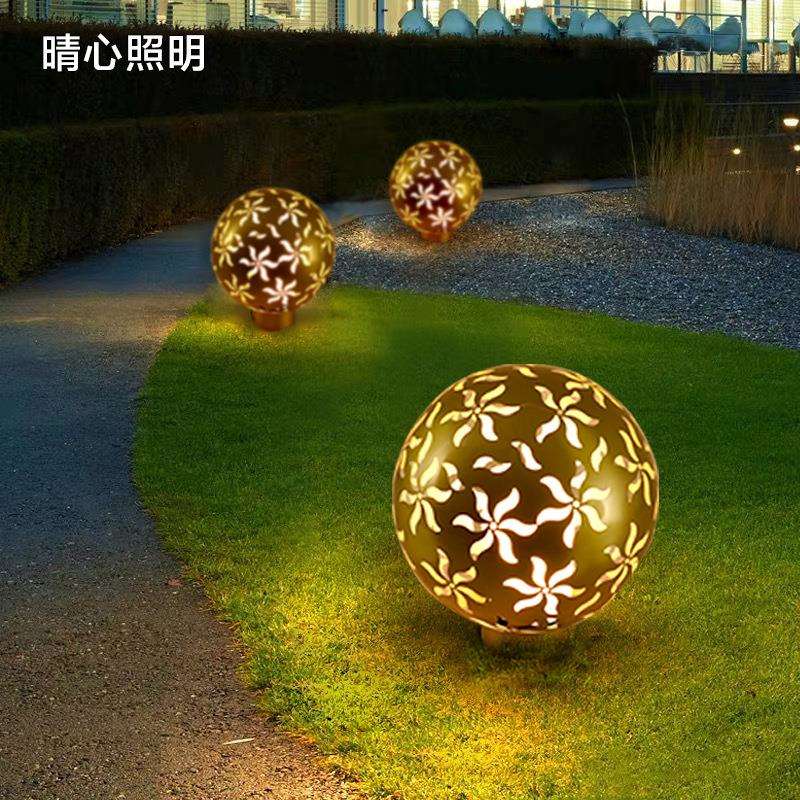 不锈钢太阳能圆球形灯庭院草坪庭院柱头围墙景观灯户外防雨水雕花