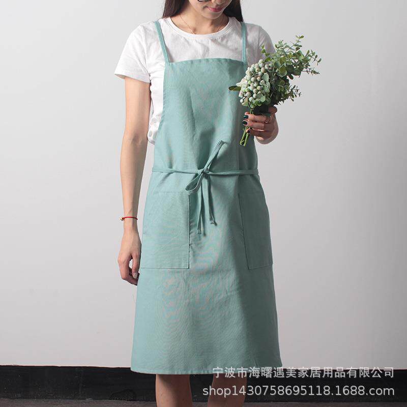 遇美 简约无袖布艺家居纯棉帆布厨房烘焙围裙男女纯色日式居家