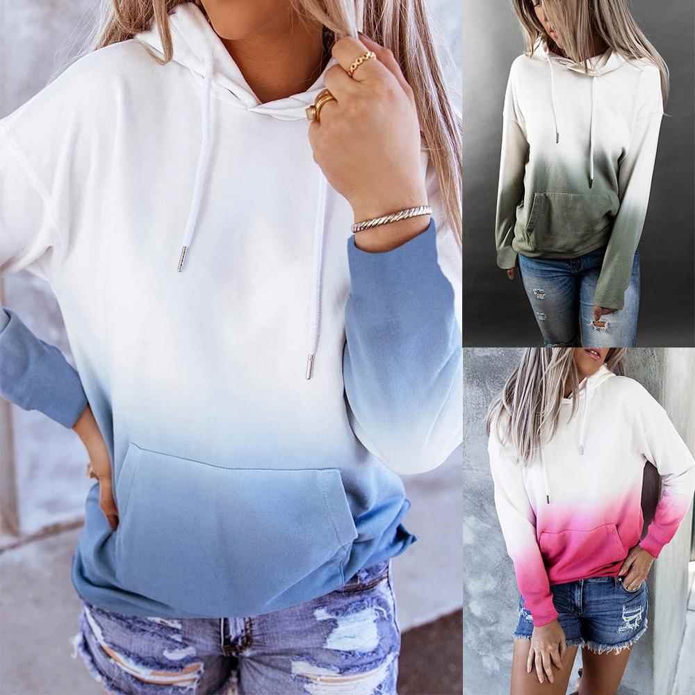 Gradient color hooded sweatshirt womens long sleeve casual