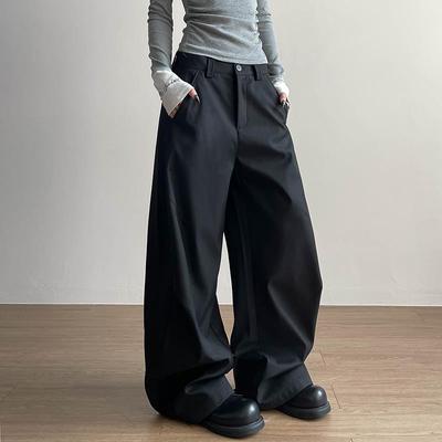 Apocket美式高级感褶皱弯刀西裤女新款复古宽松百搭直筒裤子情侣