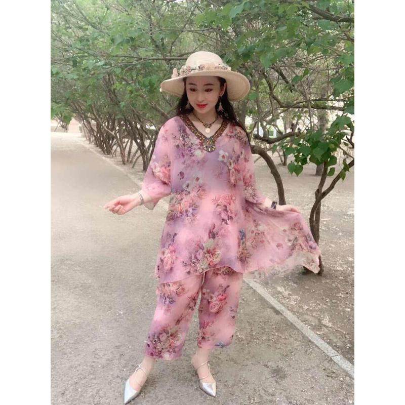 新款夏女雪纺套装妈妈休闲印花薄加大V领亮钻胖姐m网红两件花套衫,女装/女士精品,时尚套装,淘宝优惠券,粉丝福利购,淘宝优惠卷