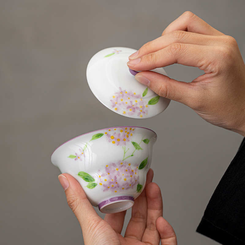 手绘紫藤花盖碗茶杯釉下彩陶瓷家用单个高档不烫手功夫茶具泡茶碗