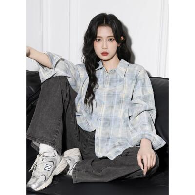 韩国蓝色格子长袖衬衫外套女夏薄款2025新款慵懒风bf宽松防晒上衣