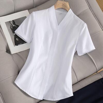 白色V领衬衫女短袖夏季空乘职业公考面试正装工作服制服空姐衬衫