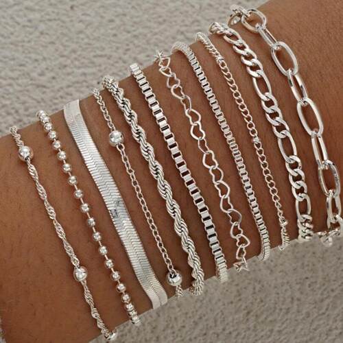 11 piece bracelet set 爱心圆珠手炼11件套多层极简叠戴炼条手饰