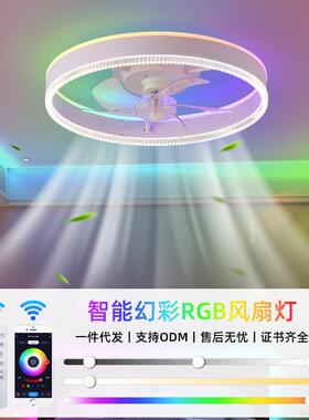 2024新款跨境北欧轻奢智能幻彩RGB吸顶风扇灯卧室客厅餐厅吊扇灯