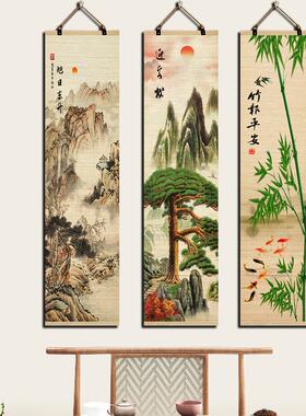 竹帘片山水画中式国画办公室风景挂画客厅装饰字画沙发背景墙壁画