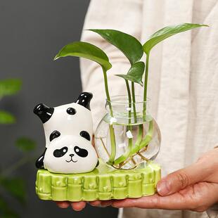 熊猫水培摆件新款 饰小摆件绿萝花瓶女 可爱创意办公室礼物治愈系装