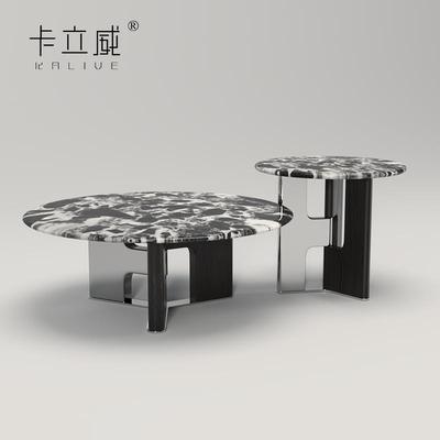 侘寂风意式极简宝格丽黑大理石茶几组合圆形沙发边几不锈钢茶桌