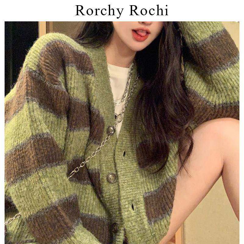 日系针织开衫女春秋冬别致宽松外穿V领毛衣慵懒风高级感条纹外套