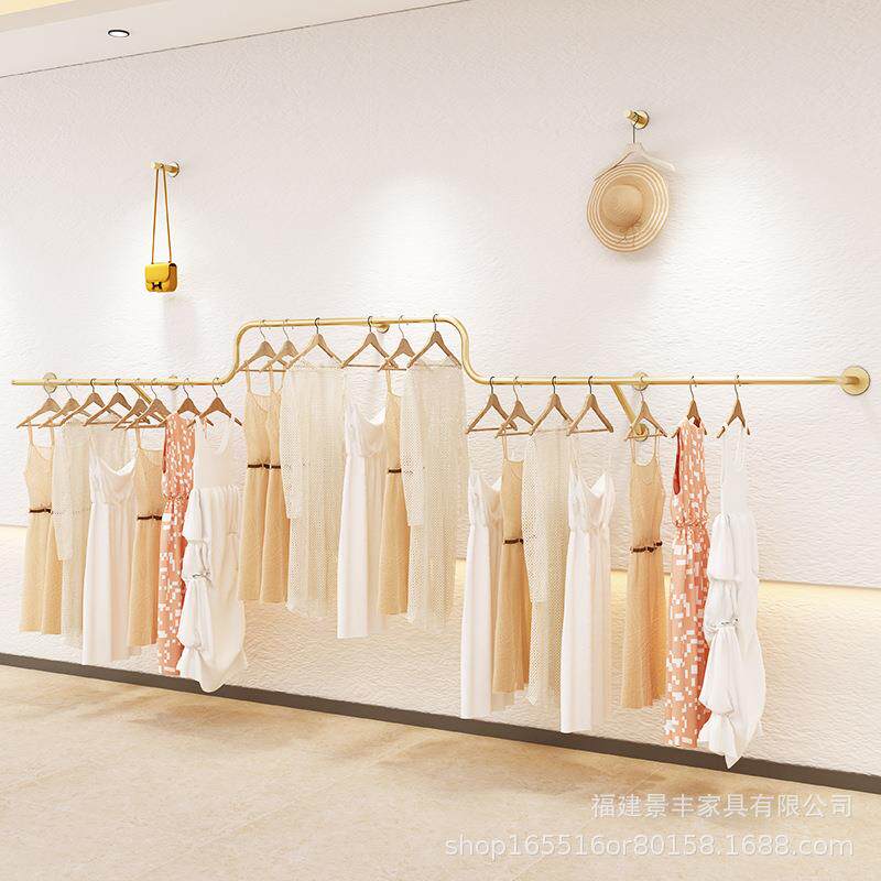 服装店金色展示架上墙壁挂式货架韩系女装店装修设计挂衣架陈列架