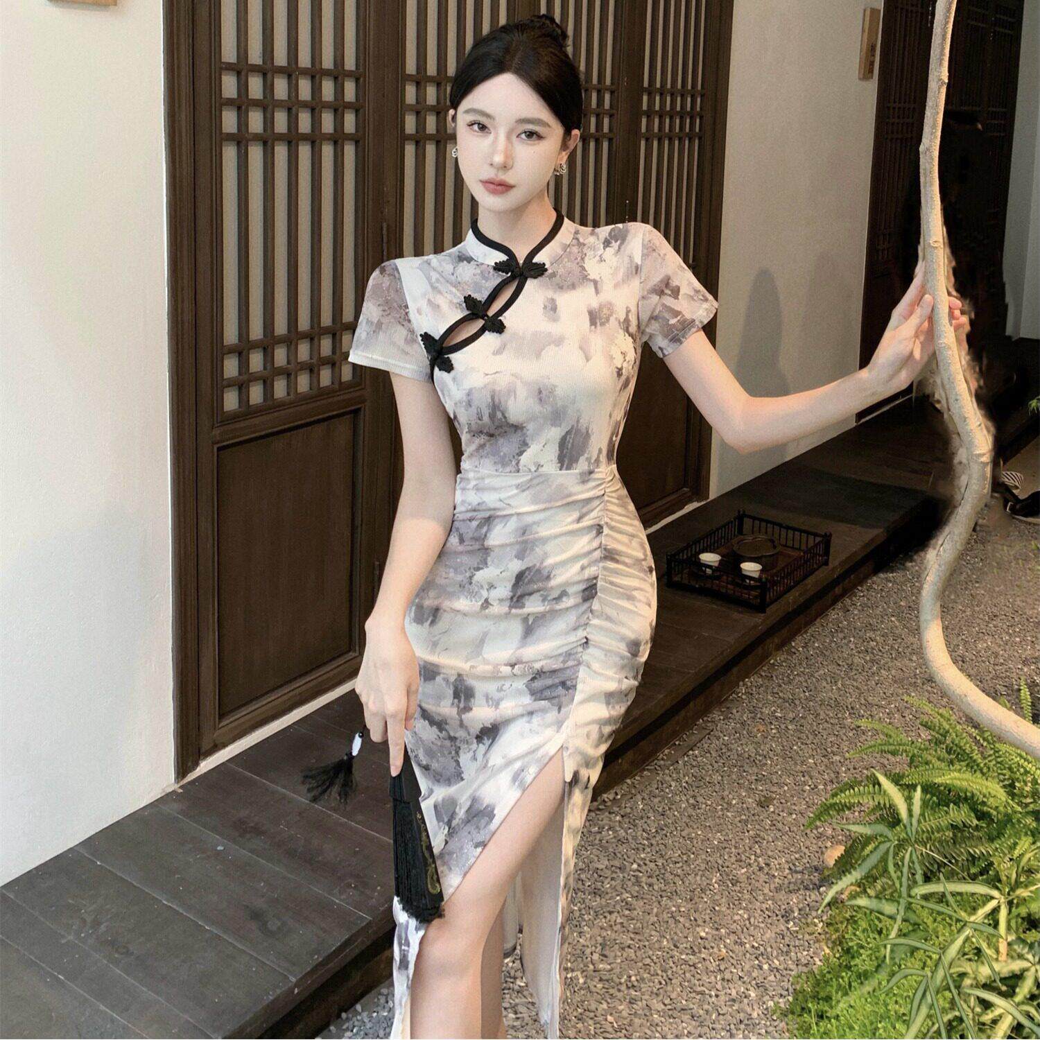 夏季性感国风改良旗袍女式网纱印花开叉中长款褶皱显瘦包臀连衣裙