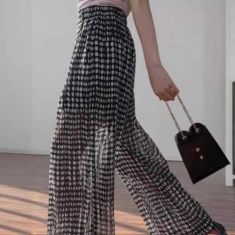 Black and white polka dot high waisted thin skirt pants图片