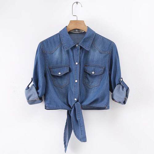 Women 3 4 Sleeve Tie Front Knot Shirt Chambray Crop