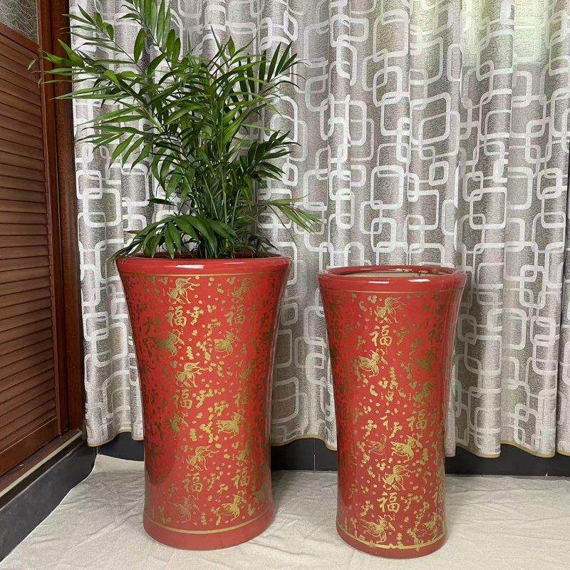 特大号小蛮腰高筒陶瓷花盆新年风中国红色落地高花盆发财树幸福树
