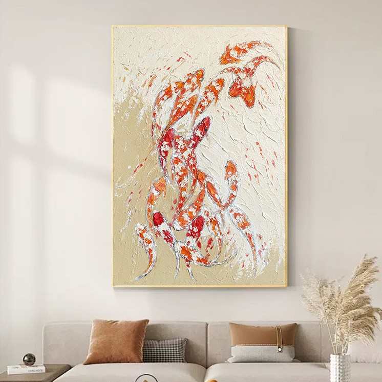 奶油风锦鲤客厅装饰画抽象九鱼图绘肌理纯手绘油画抽象玄关挂画图片