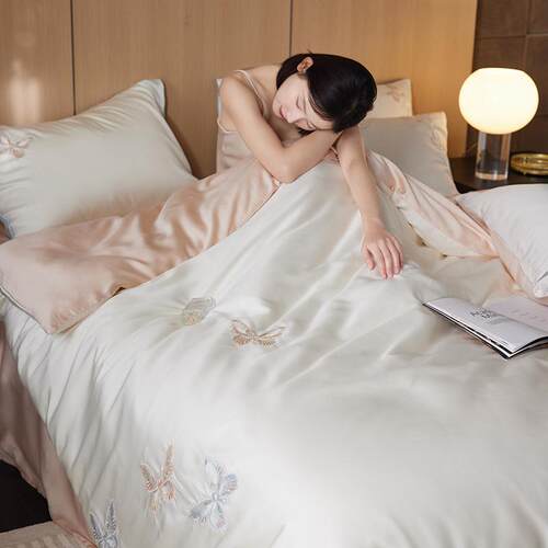 60S兰精天丝春夏季四件套少女心凉感蝴蝶刺绣丝滑被套1.8床上用品