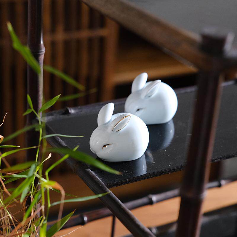 青瓷小兔子茶宠摆件 萌宠玉兔家居摆件装饰品 花盆造景笔搁茶道玩