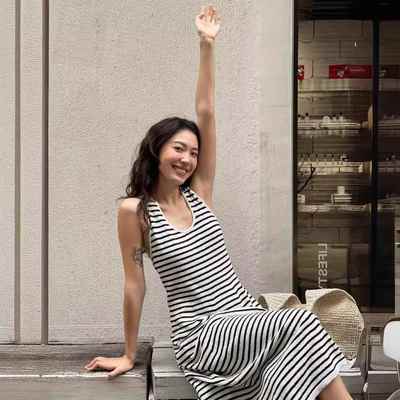 黑白色条纹吊带连衣裙夏季新款宽松休闲慵懒风显瘦裙无袖背心长裙