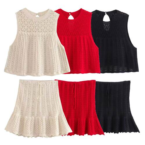 Knitted vest hollow top+Knitted high waisted short