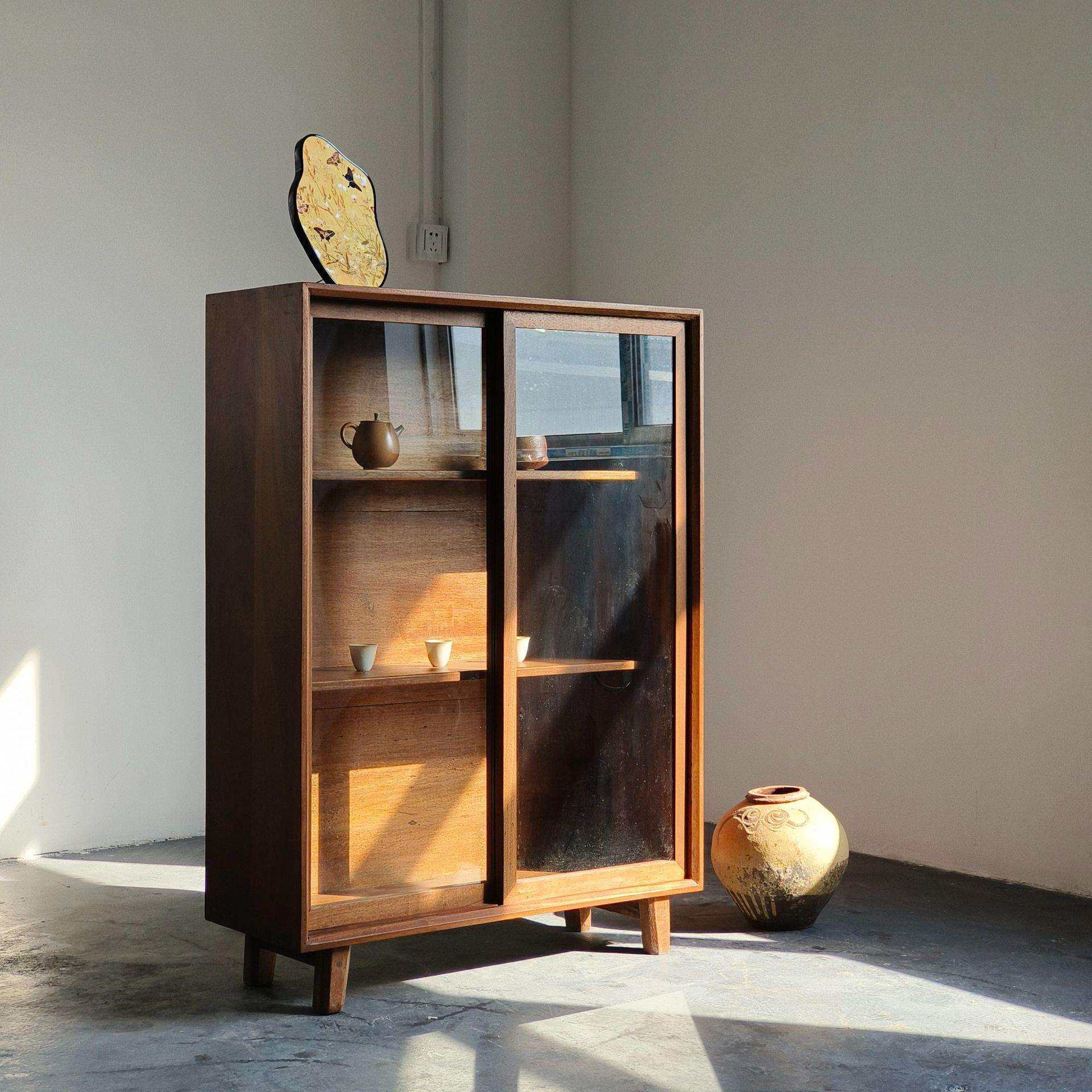 老槠木餐边柜日式简约展示柜玻璃茶水柜现代储物柜小户型