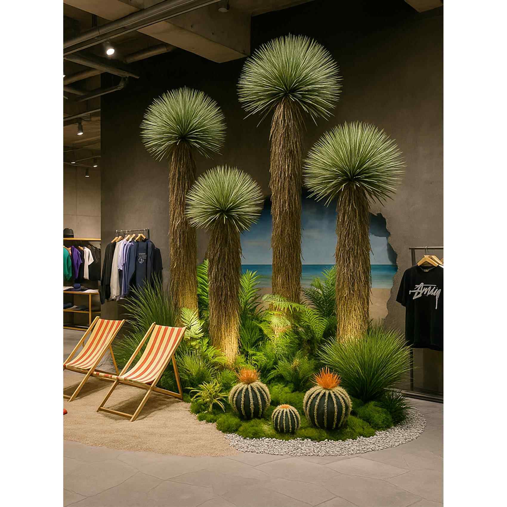 户外露营风格风格模拟绿色植物景观组合烧烤店餐厅橱窗装饰楼梯角