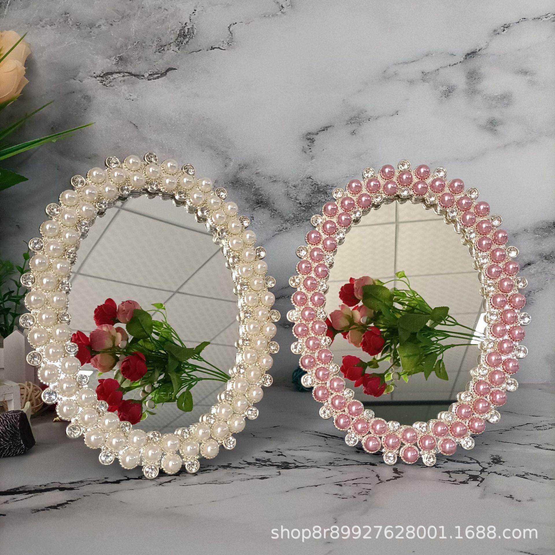 新款时尚镶嵌珍珠化妆镜，梳妆镜田园金属台式梳妆镜复古双面梳妆