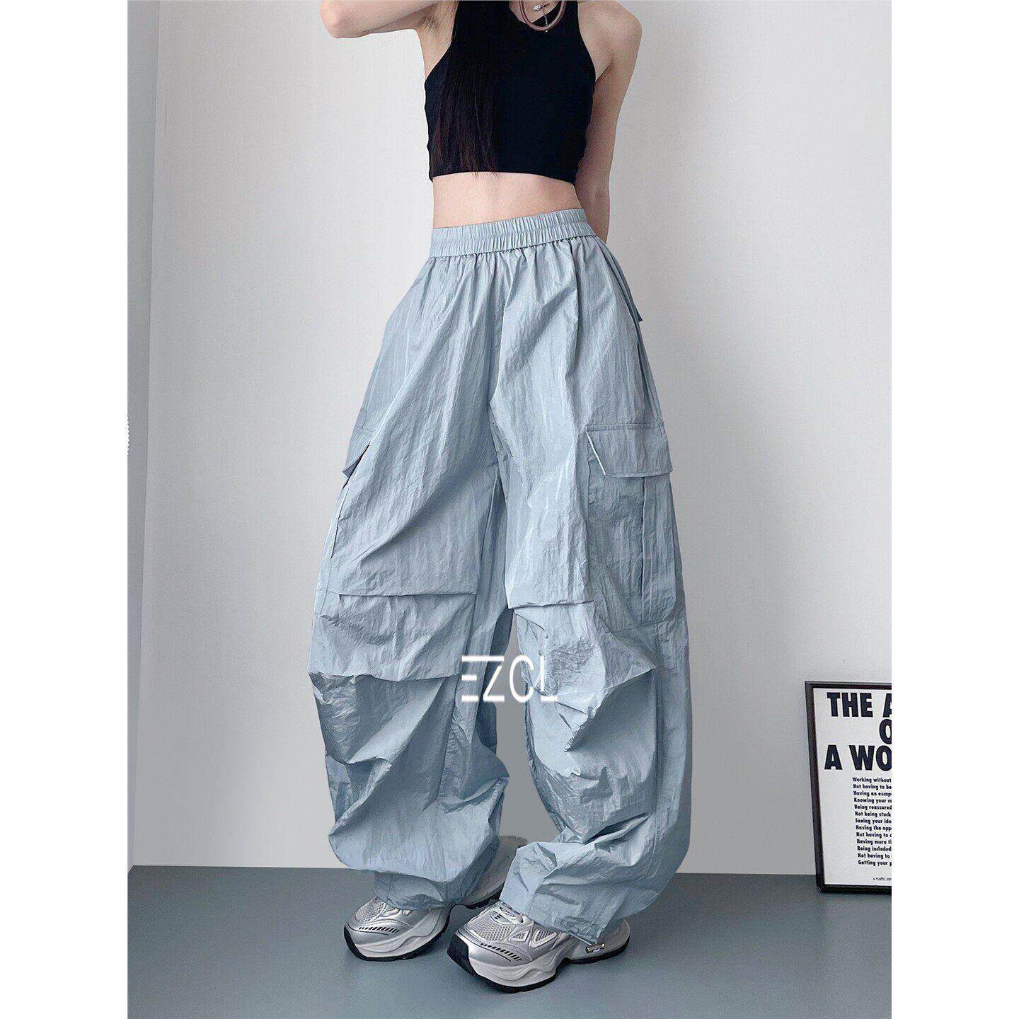 EZCL 2026夏季新款压褶冰丝运动裤女大码显瘦宽松阔腿工装长裤子