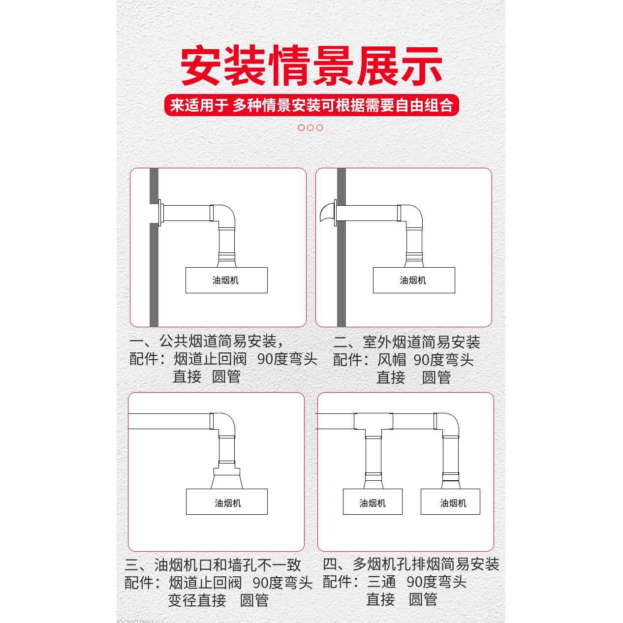 180PVC排烟管油烟机转换接头180转160变异径直接三通弯头水管配件