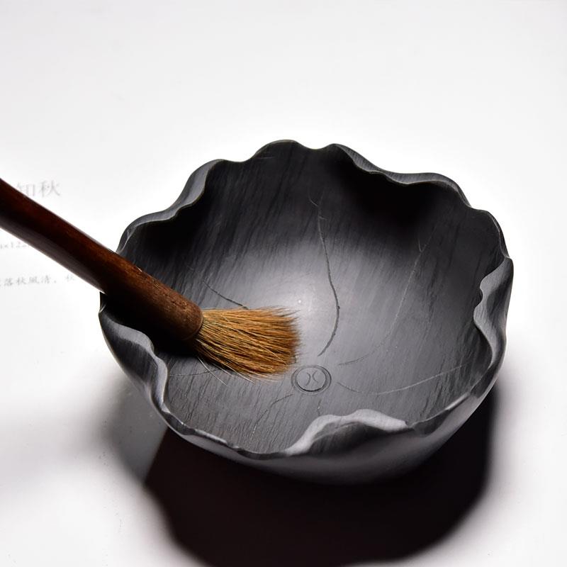 高档荷叶墨海水盂墨池天然原石台砚茶摆洗书房茶室件心制作文匠房