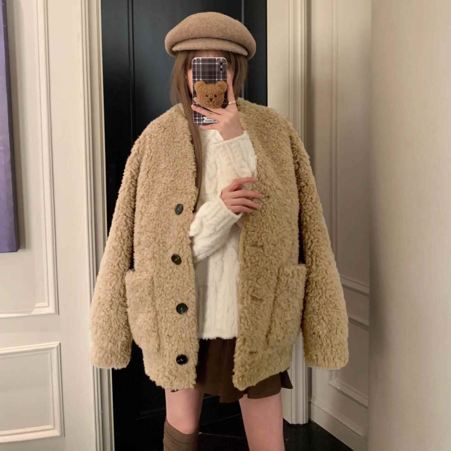 JAMUUS韩系慵懒毛毛外套女冬新款加厚泰迪羊羔绒皮毛一体上衣