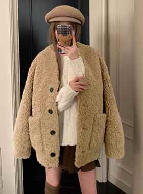 JAMUUS韩系慵懒毛毛外套女冬新款加厚泰迪羊羔绒皮毛一体上衣