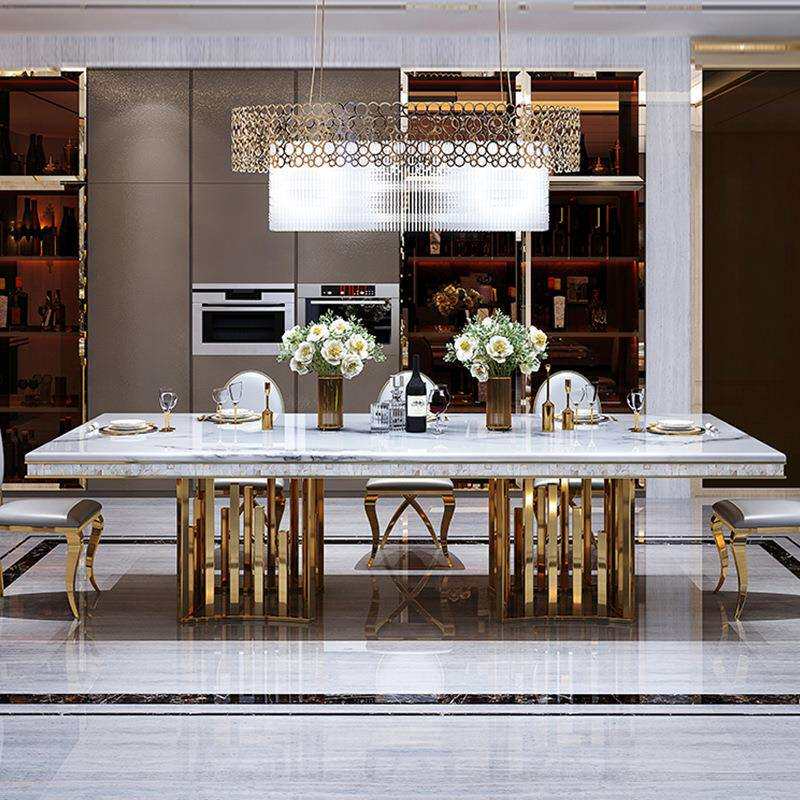 轻奢大理石餐桌家用现代简约小户型长方形钛金吃饭餐桌椅极简定制