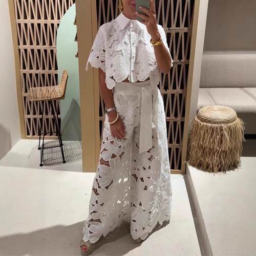 Women's 2026 New Retro Lace Outfit Set Short Sleeved Blouse