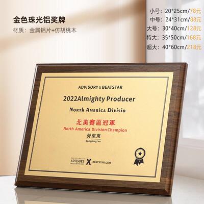金箔实木质奖牌授权牌荣誉牌匾木托铜牌证书金牌定制定做奖杯颁奖