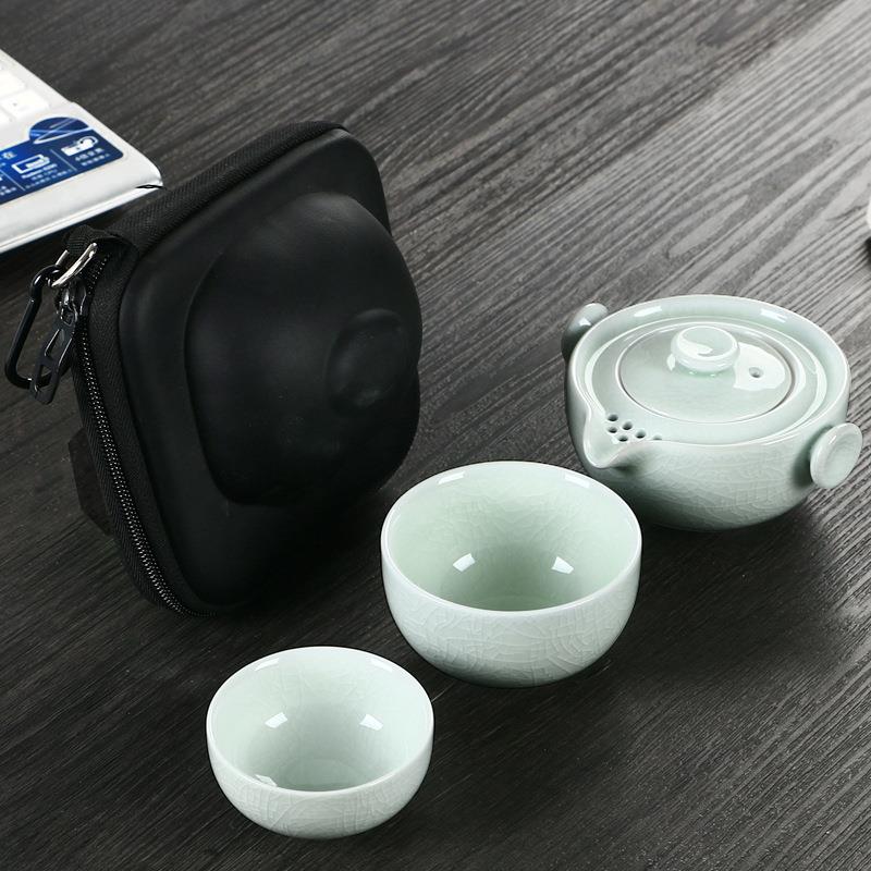镜清汝窑快客杯一壶一二两杯迷你旅行小茶具套装便携开片户外陶瓷