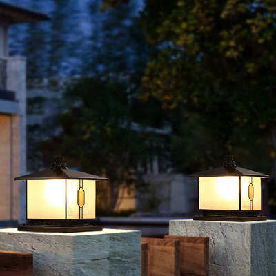 文康防水别墅大门口门柱灯中式围墙灯庭院灯户外太阳能全铜柱头灯