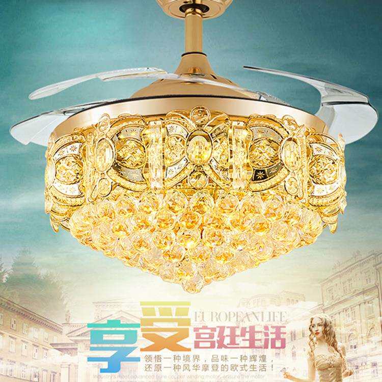 水晶隐形风扇灯欧式隐形风扇吊灯餐厅莲花静音led折叠 豪华风扇灯