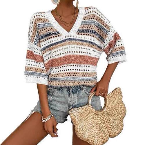 Women'S Color Block Hollow Out V Neck Knit , Casual Fashion