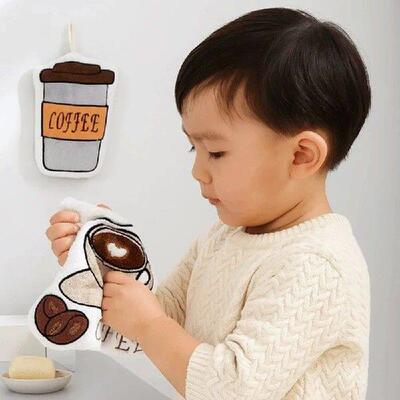 4Pcs/Set Cartoon Coffee Pattern Hand Towel Soft Absorbent