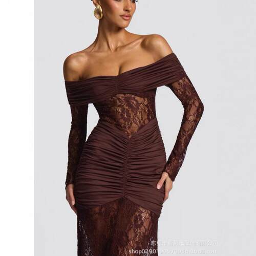 Lace patchwork long sleeved fishtail long dress party
