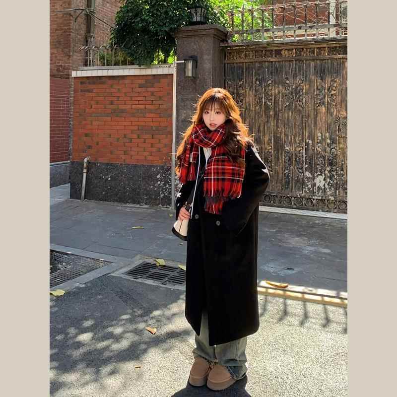 黑色呢子大衣女中长款2024新款秋冬季高级感加厚小个子羊毛呢外套