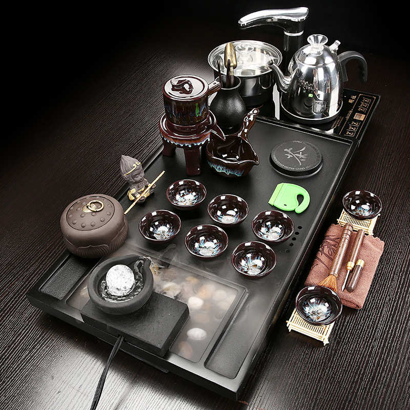 VHM7天然乌金石茶盘套装家用茶具陶瓷现代流水石茶盘喝茶办公简约