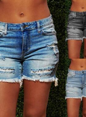 Ripped denim shorts with rough edges, women's hot