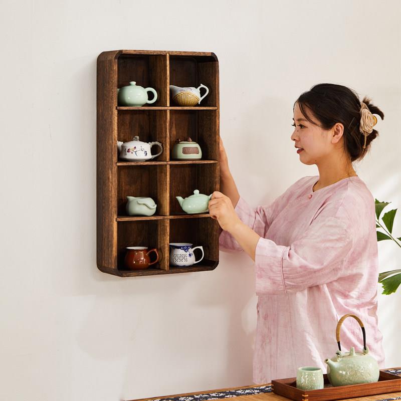 博古架实木简约现代收纳架格子款架茶具茶杯茶壶摆放壁挂式多宝阁