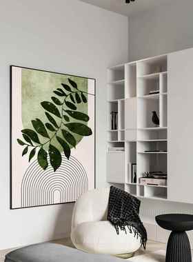 莫兰绿植物抽象几何装饰画中jj31772风装饰画色现代客厅迪背景墙