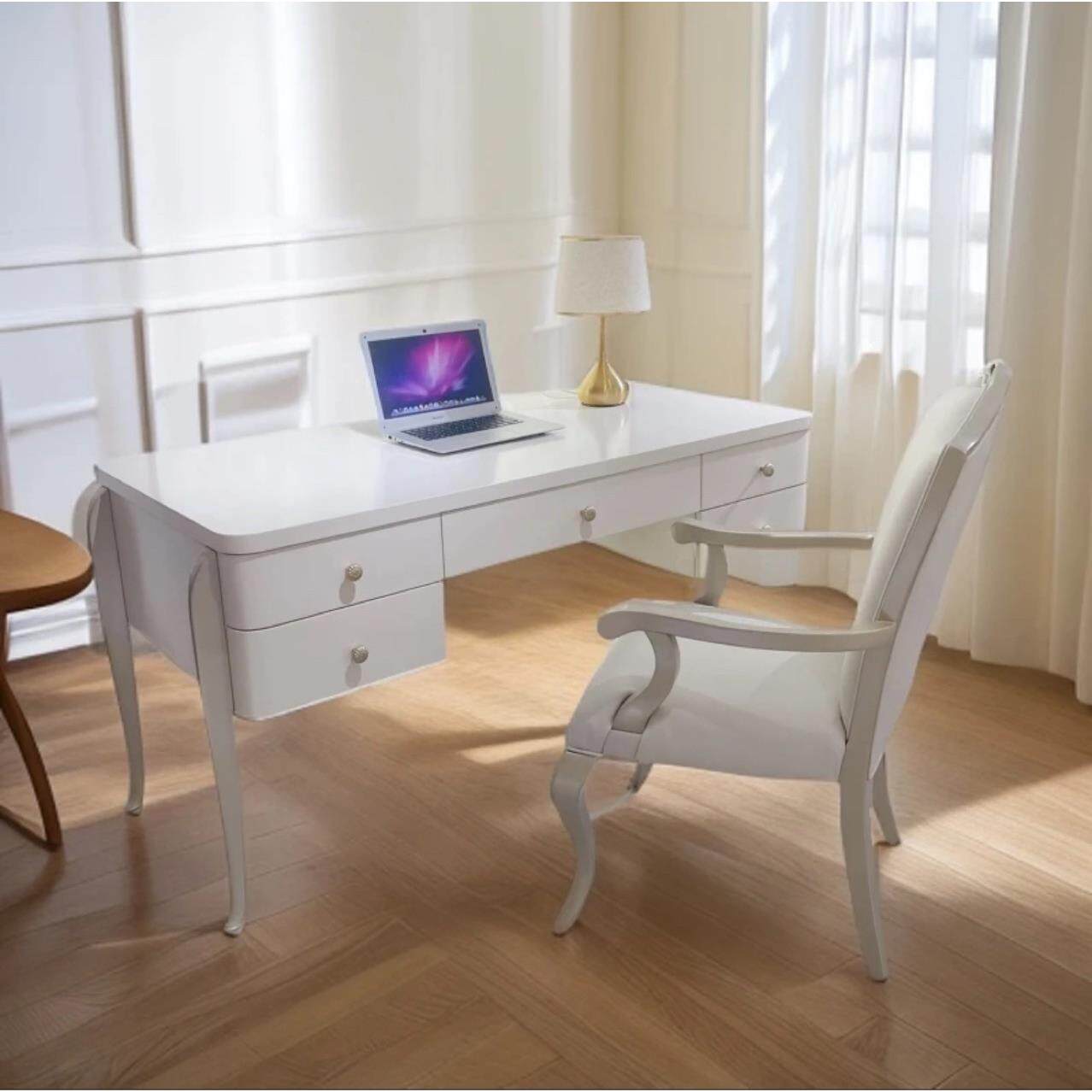 美式轻奢实木书桌书房书桌椅白色简约书椅家用实木书桌椅组合