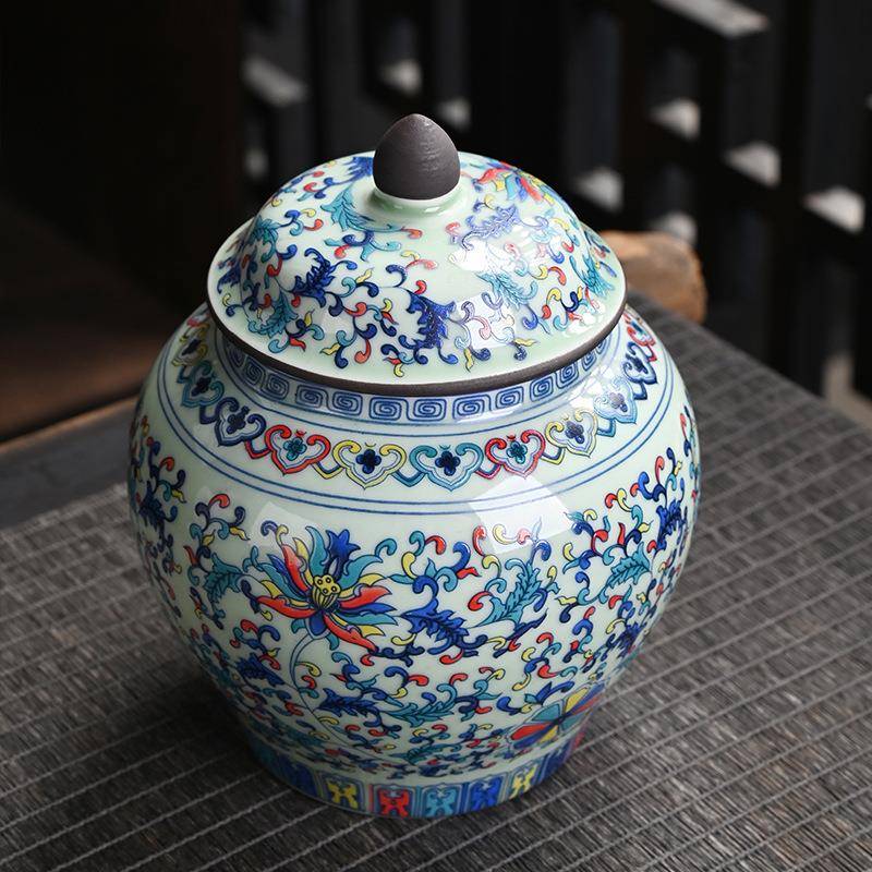 青花瓷茶叶罐复古陶瓷储物罐家用密封罐防潮将军罐茶仓红茶普洱